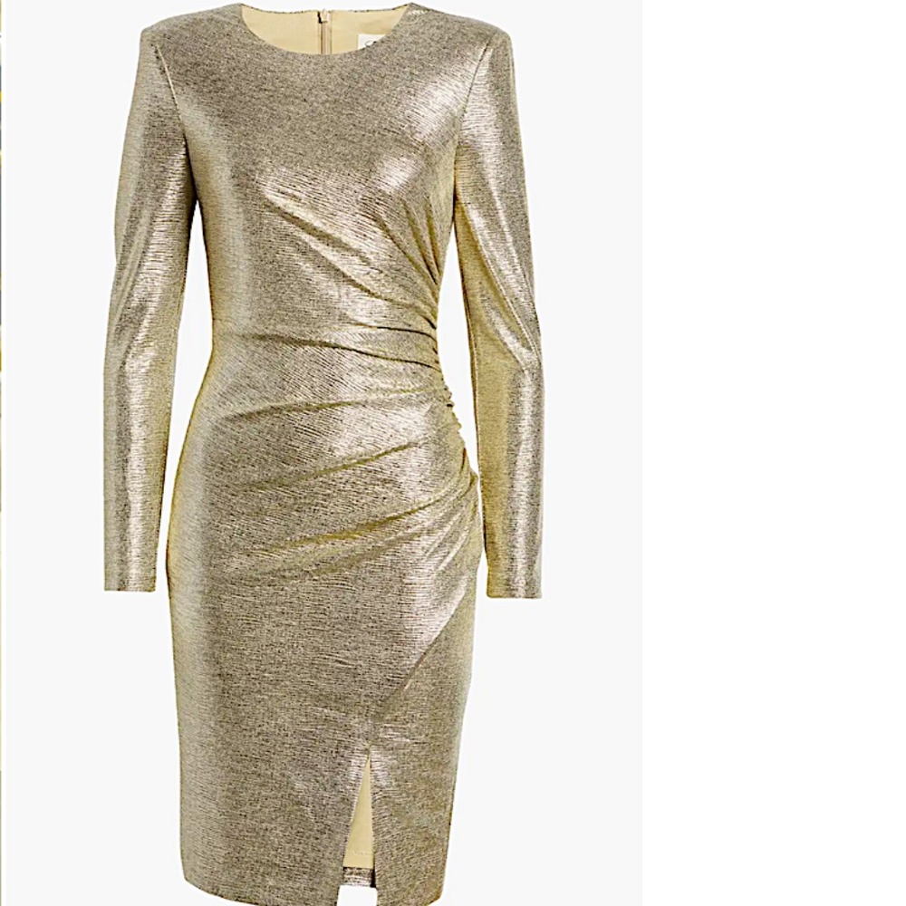 Metallic Ruched Long Sleeve Sheath Dress Eliza J